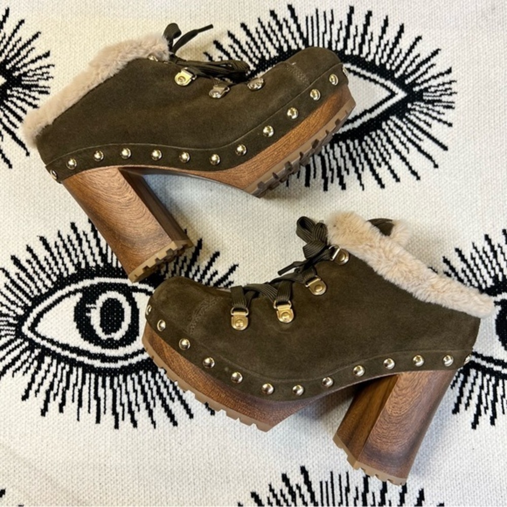 Guess Damery Olive Green Suede Fur Lined Wooden Studded Clog Heels